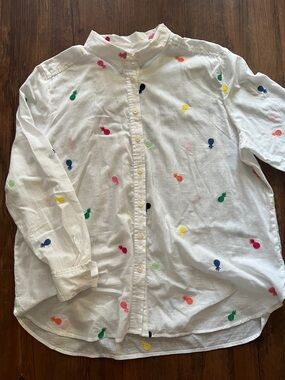 LOFT Women’s White Linen Button-Up Shirt with Multicolor Pineapple Embroidery